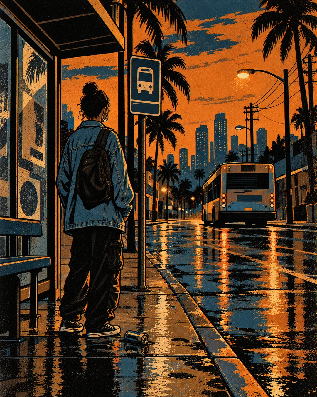 A young woman in an oversized denim jacket with a backpack stands at a bus stop on a rain-wet Miami street at dusk, seen from behind, as a city bus pulls away. Palm trees and a distant skyline sit against a copper sky, and an empty can lies at her feet.