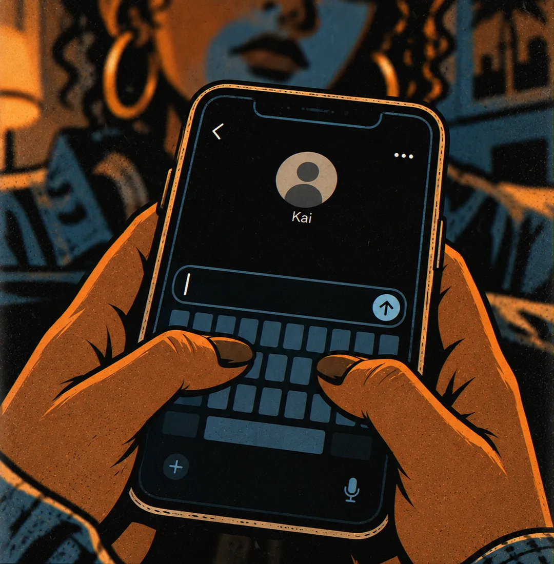 The same phone, closer. Kai's chat is open and the reply box is empty, the cursor blinking, her thumbs over the keys without typing.