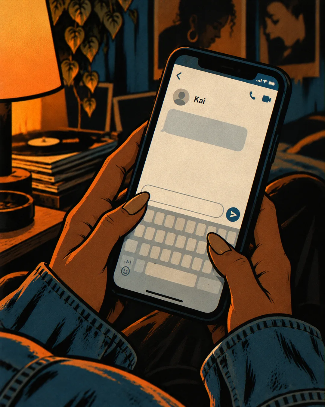 Close on her hands holding a phone, a message thread from someone named Kai open and the keyboard up as she types a reply.