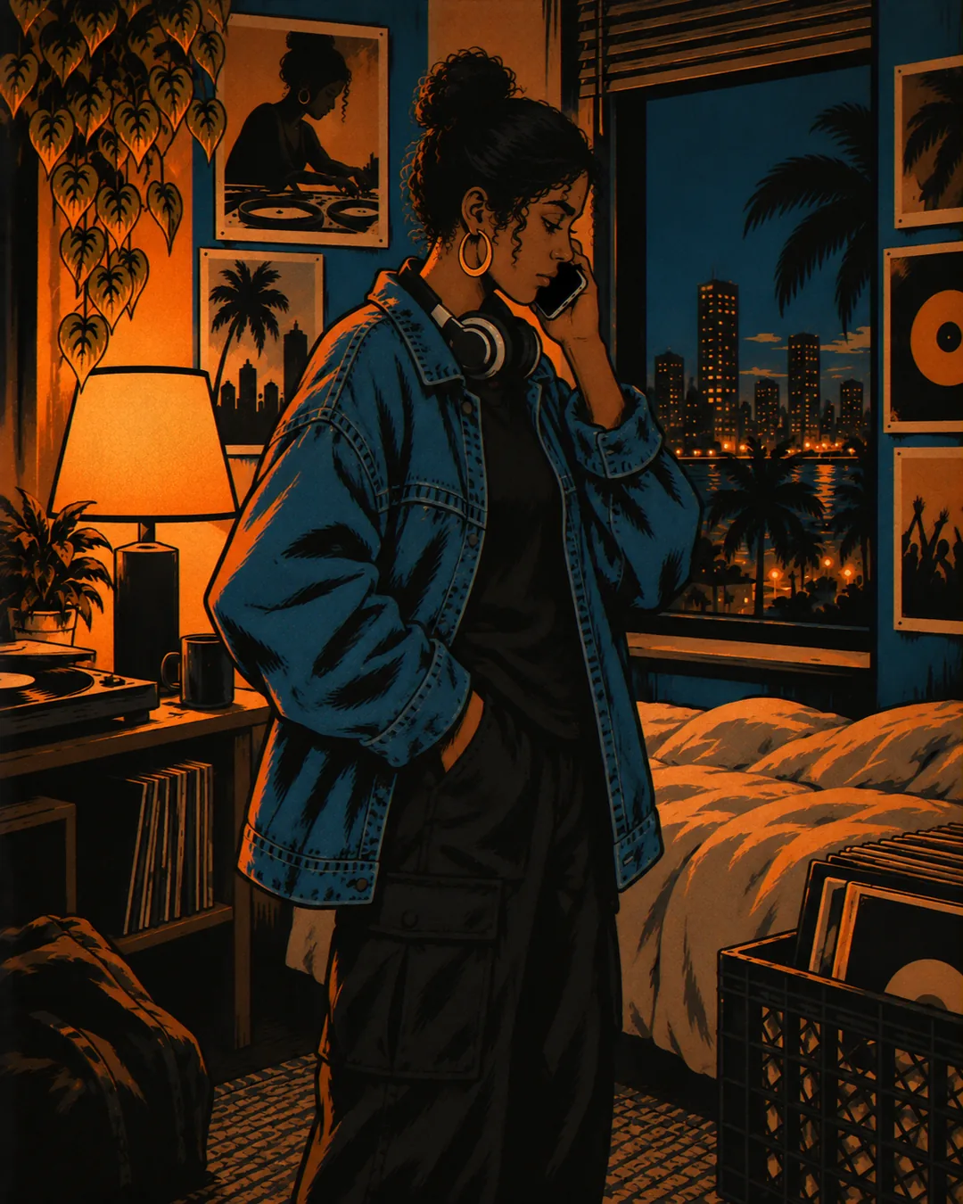 Marisol stands in her room with the phone to her ear, one hand in the pocket of her oversized denim jacket, the skyline in the window behind her.