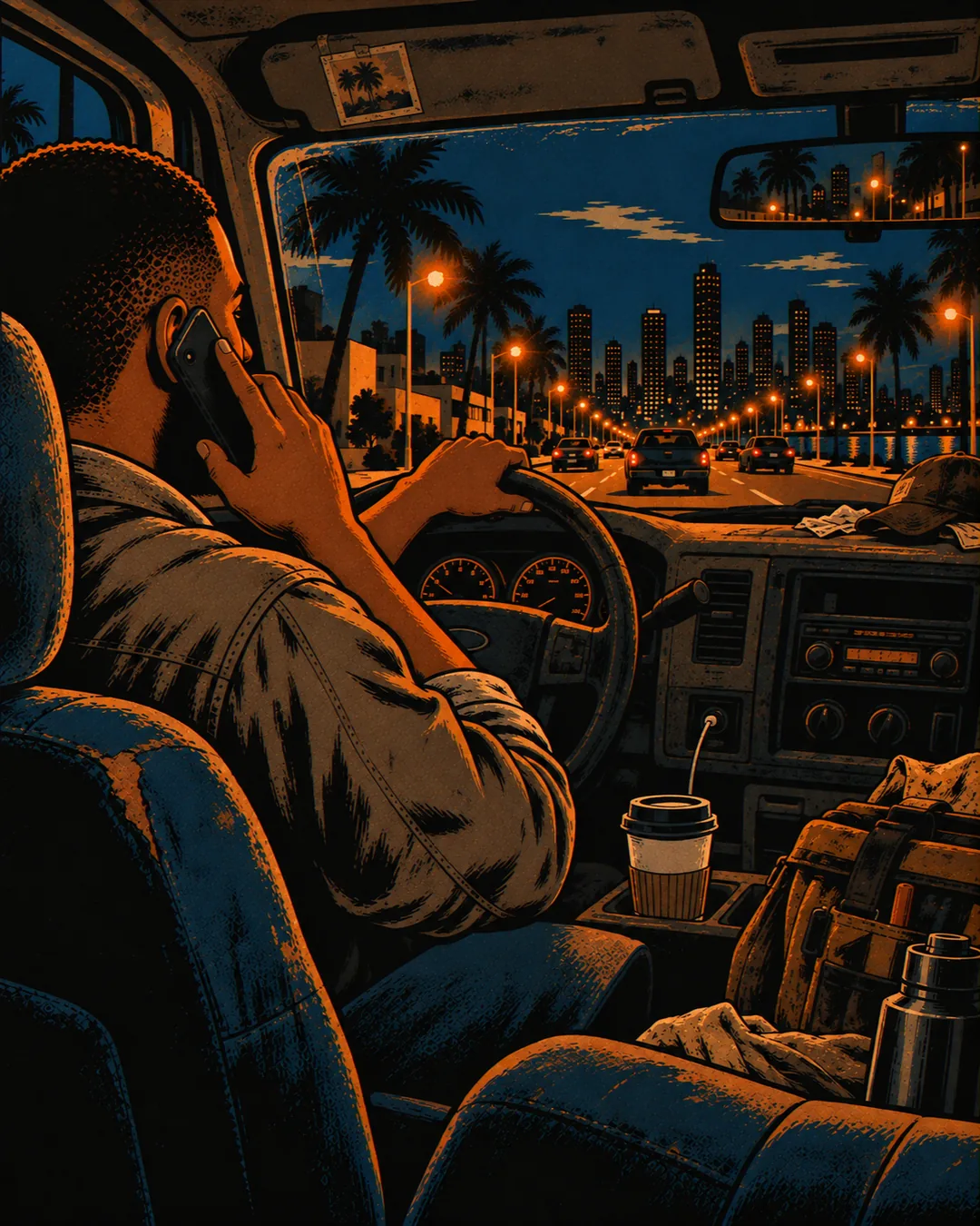 From the back seat, Deuce drives his truck at night with a phone to his ear, a coffee cup in the holder and the lit causeway ahead.