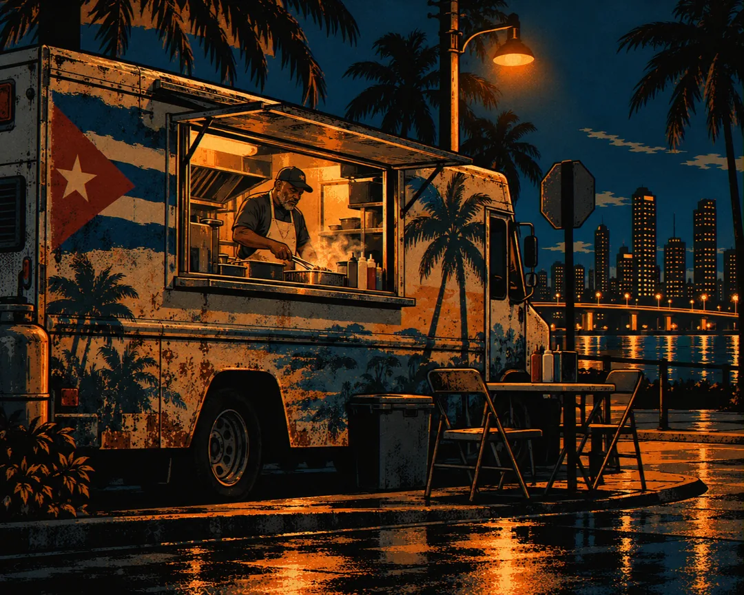 A weathered food truck painted with a Cuban flag and palm trees, parked on a wet street at night, its window lit where Rell is cooking inside.