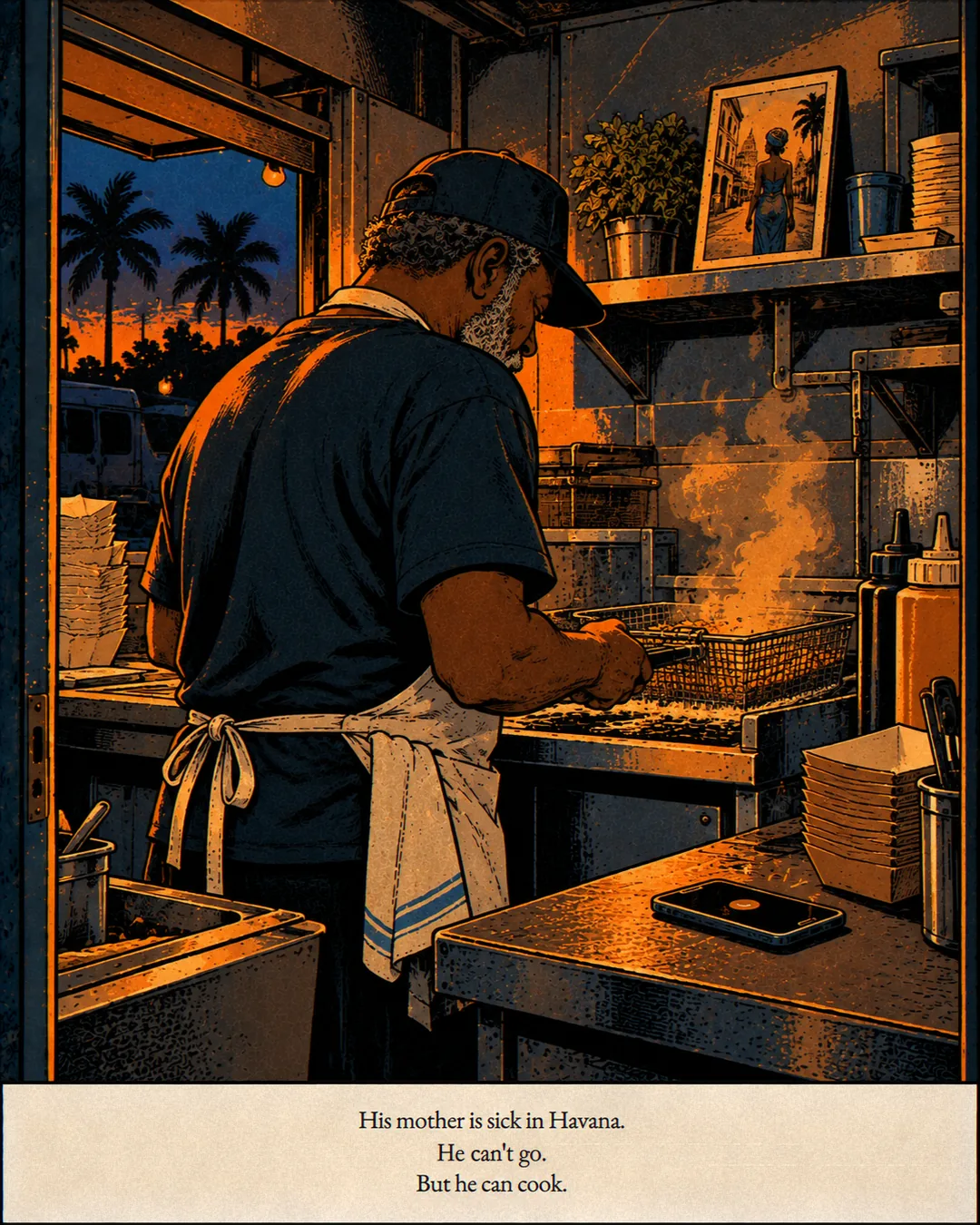 Inside the truck, Rell, grey-bearded in a cap and apron with a towel at his waist, works over the steaming fryer. A framed photo of a woman sits on the shelf and his phone lies on the counter.