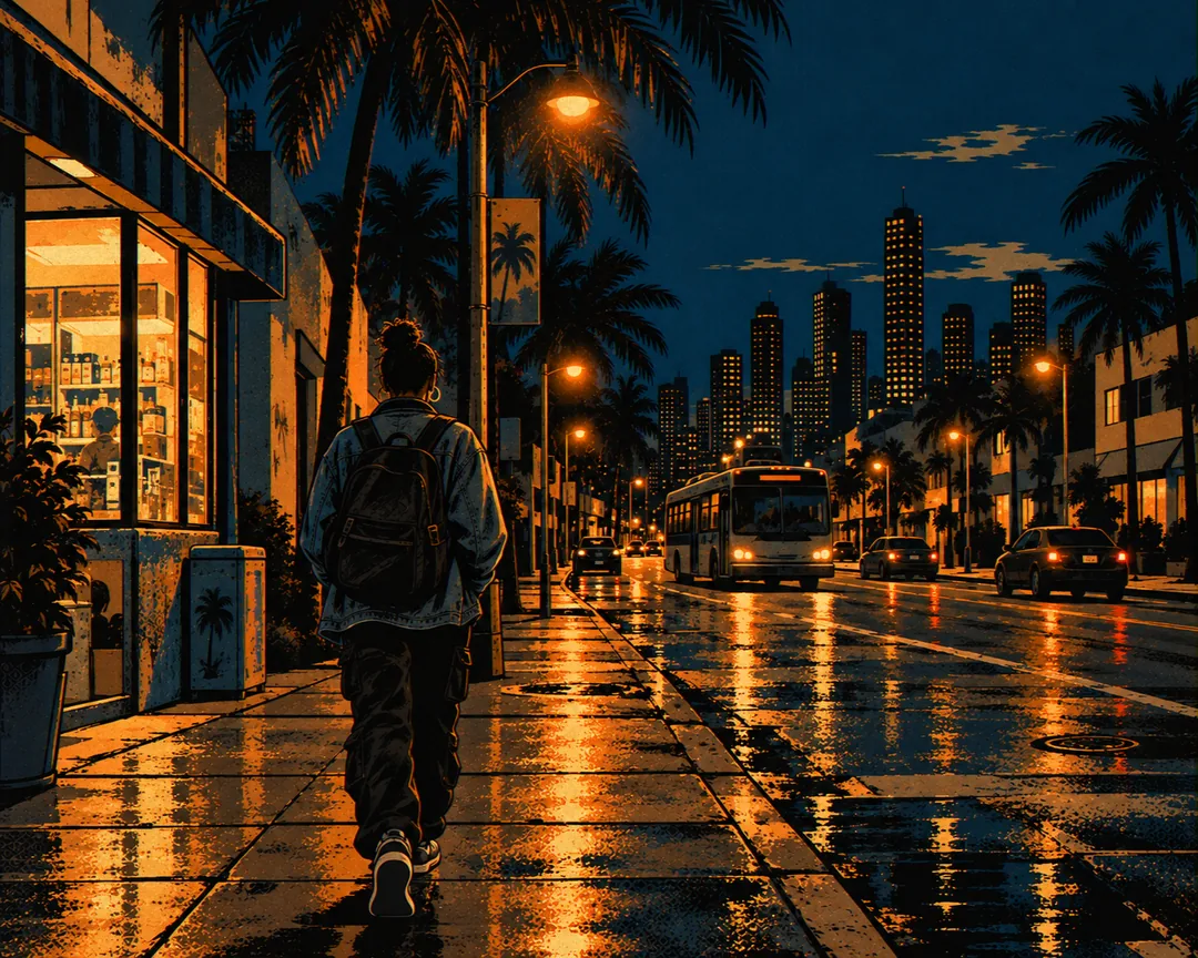 Rell works inside his weathered white and blue food truck, parked on a wet corner at blue hour under palms and a streetlamp. Palm stencils and a Cuban flag are painted on its side, and a small framed photo hangs above the fryer.