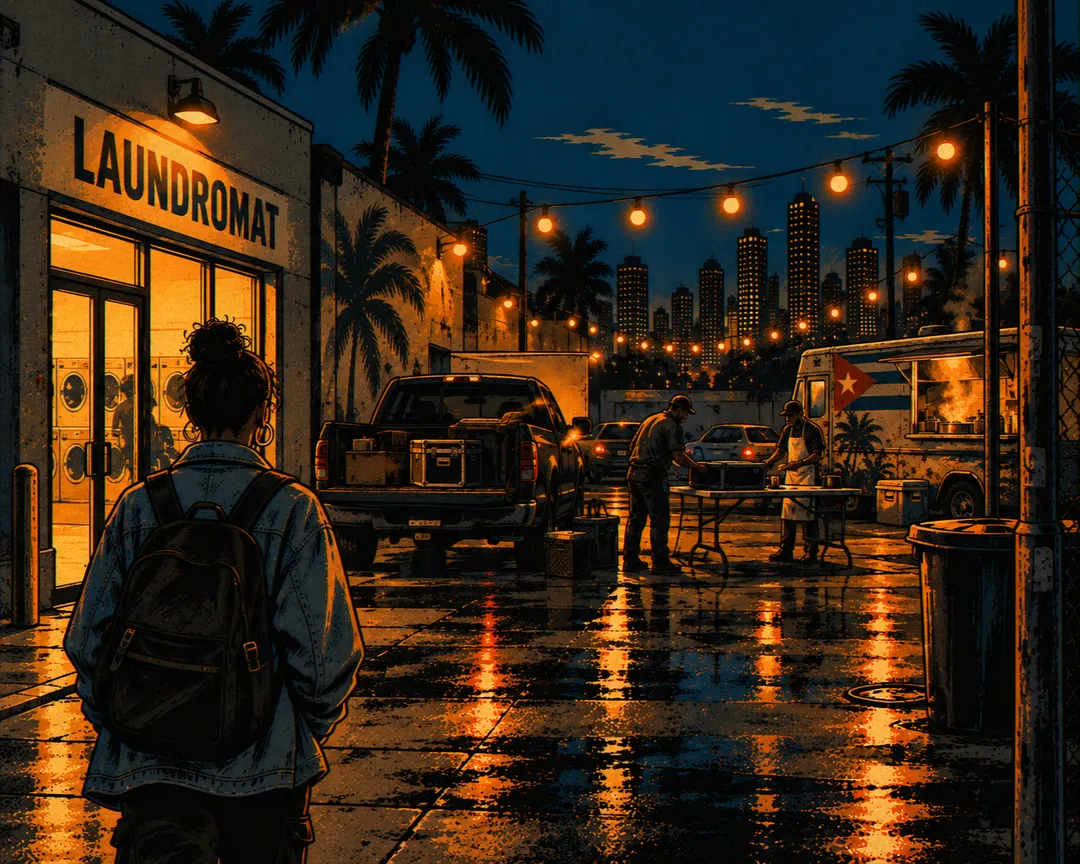 From behind, Marisol walks alone down a shining wet sidewalk past a lit corner store, streetlights and palms along the road and a bus in the distance.