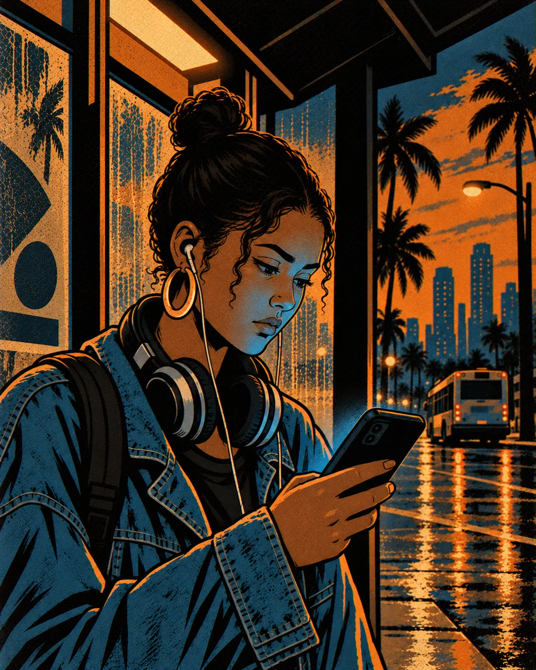 Close on Marisol under the bus shelter, curly hair in a bun, gold hoops, headphones around her neck, reading her phone in its blue glow while the bus shrinks down the wet street behind her.