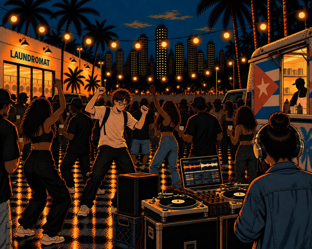The same view a little later: more people in the lot, and one of them has started to dance.