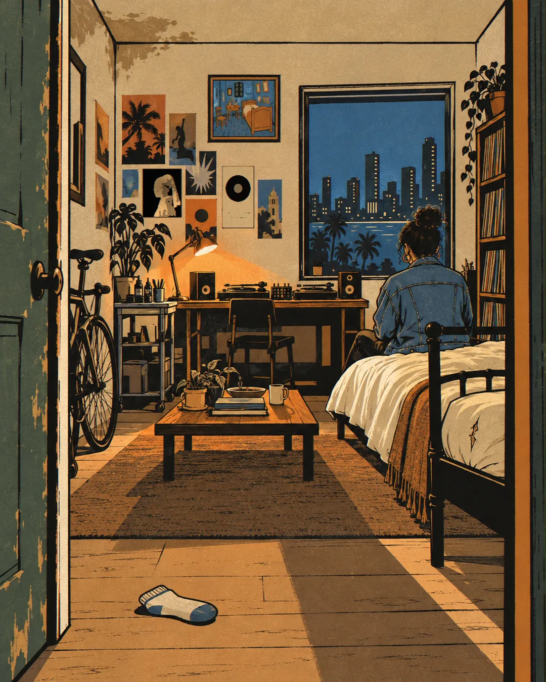 Through the chipped green doorway, Marisol sits on her black iron bed with her back to us. The coffee table sits in the middle of the room, the DJ desk under a steel-blue skyline window, records on the shelf, a bicycle by the door, flyers on the wall, a water stain on the ceiling and one sock on the floor.