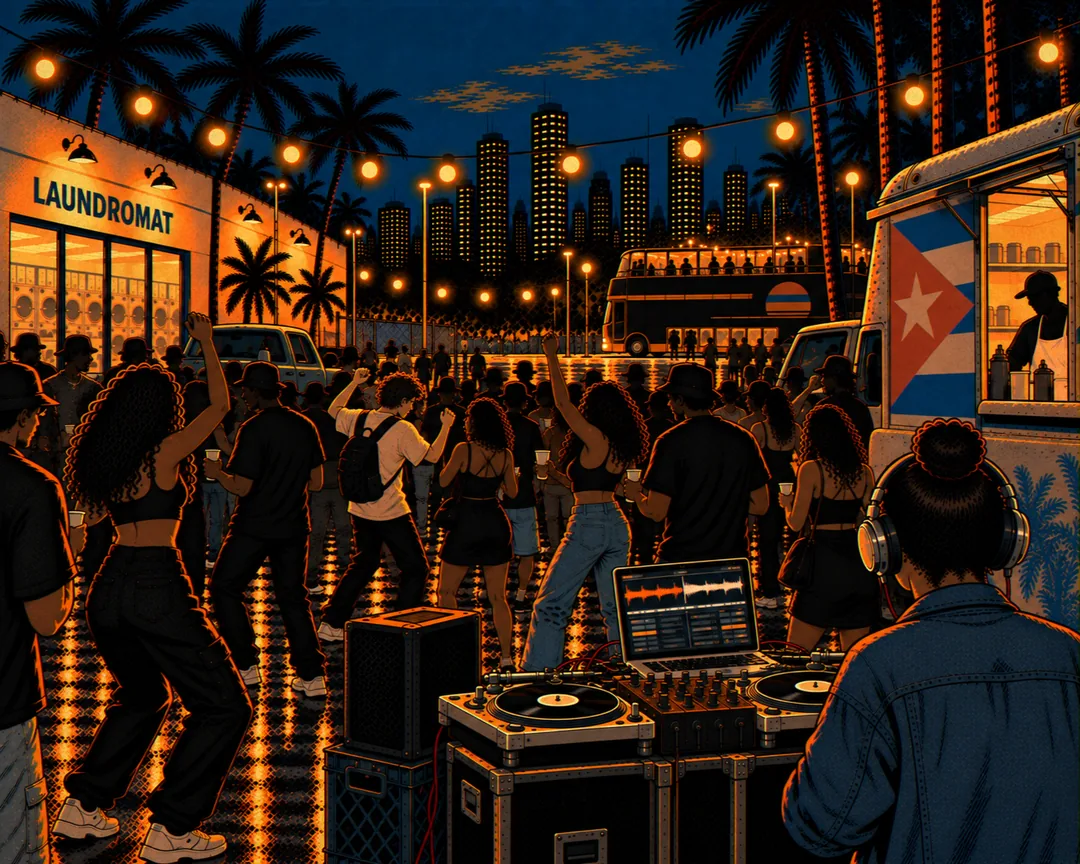 From behind, Kai walks in past a chain-link fence toward the dancing crowd.