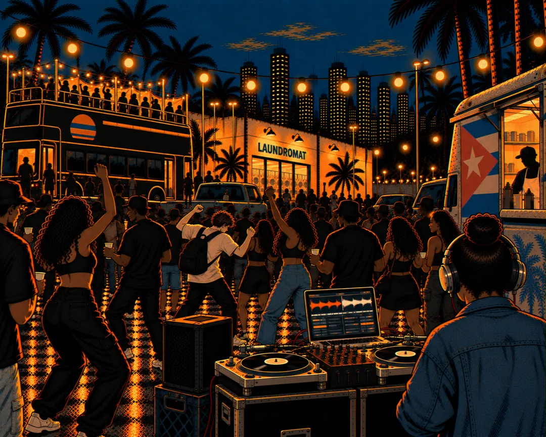Kai stands in the crowd holding a cup, looking around at the people dancing, the laundromat glowing behind them.
