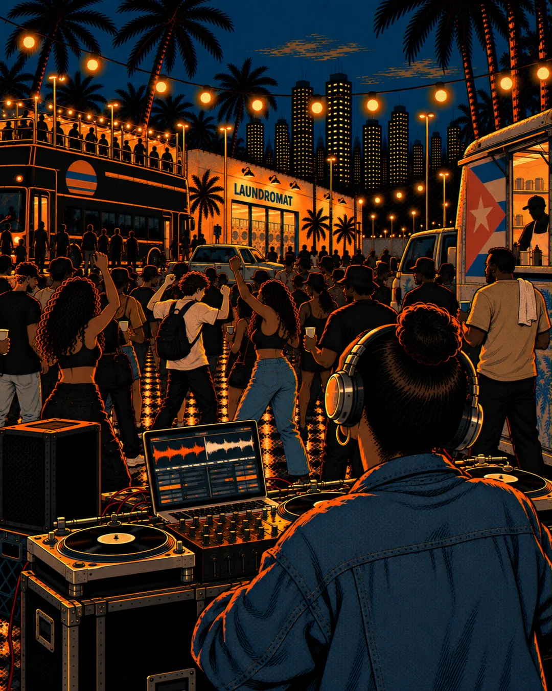 Nadia, in blue scrubs with an ID badge, sits in her parked car with her head against her hand, watching the lit party through the windshield.