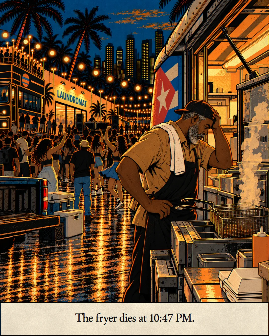 From behind, Deuce, a white towel on his shoulder and a cup in hand, watches the crowd from beside the food truck.