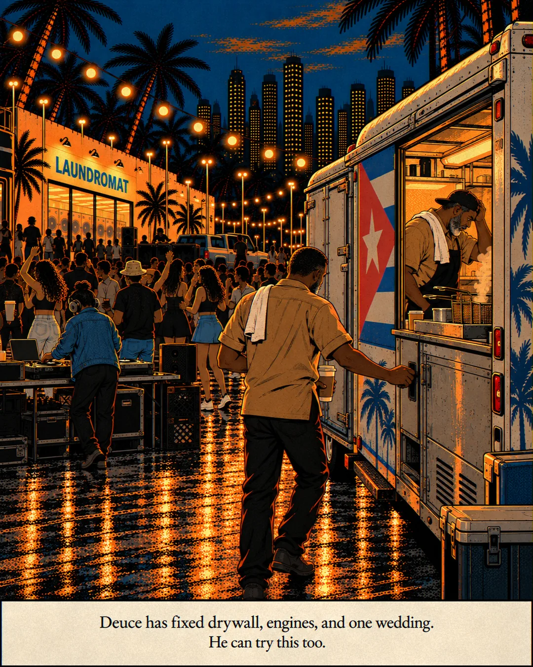 Close on Deuce's hands at the food truck counter holding two steaming paper cups of coffee.
