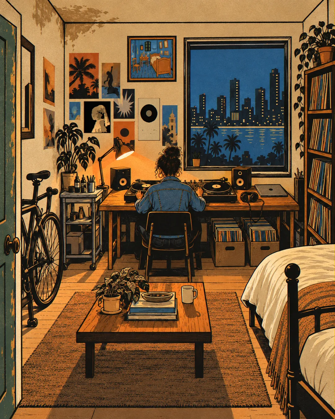 The same room, closer: Marisol at the DJ desk under the window, two turntables, a mixer, a closed laptop and headphones, record crates below, the flyer wall beside her and the green door and bicycle behind.