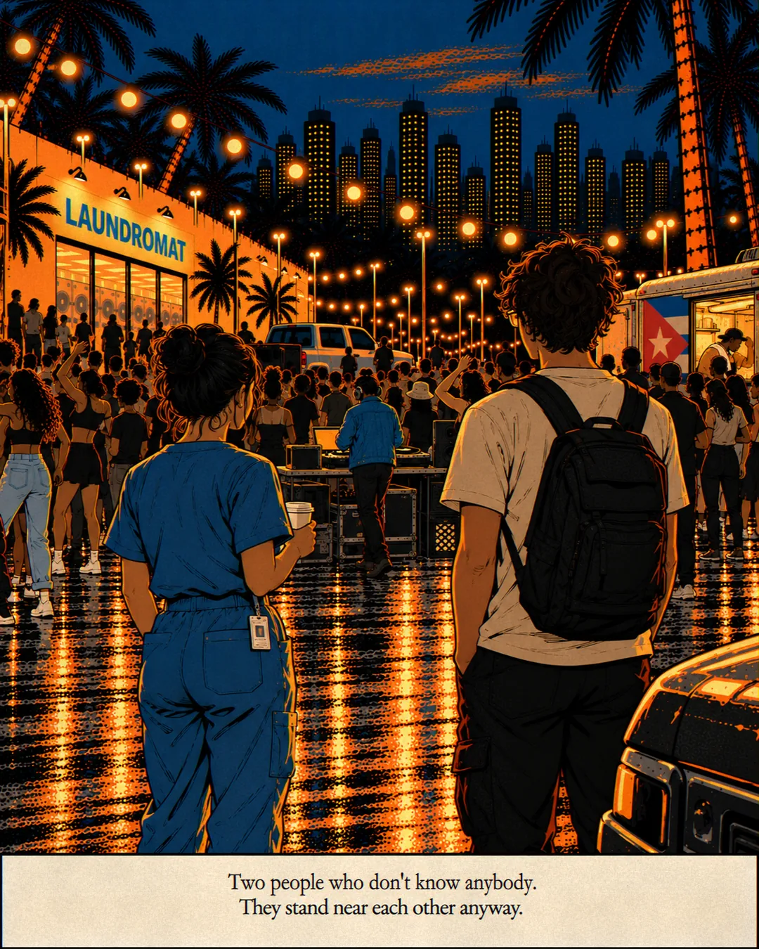 The full crowd dancing under the string lights, and at the far end of the lot, half hidden, the shape of a bus.