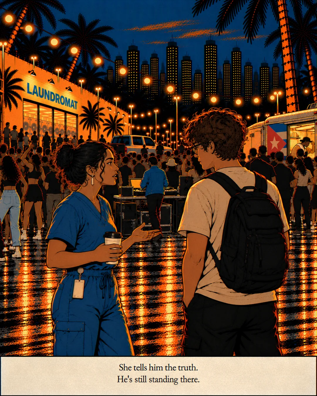 Over her shoulder and headphones, the crowd in front of Marisol's decks, hands in the air.