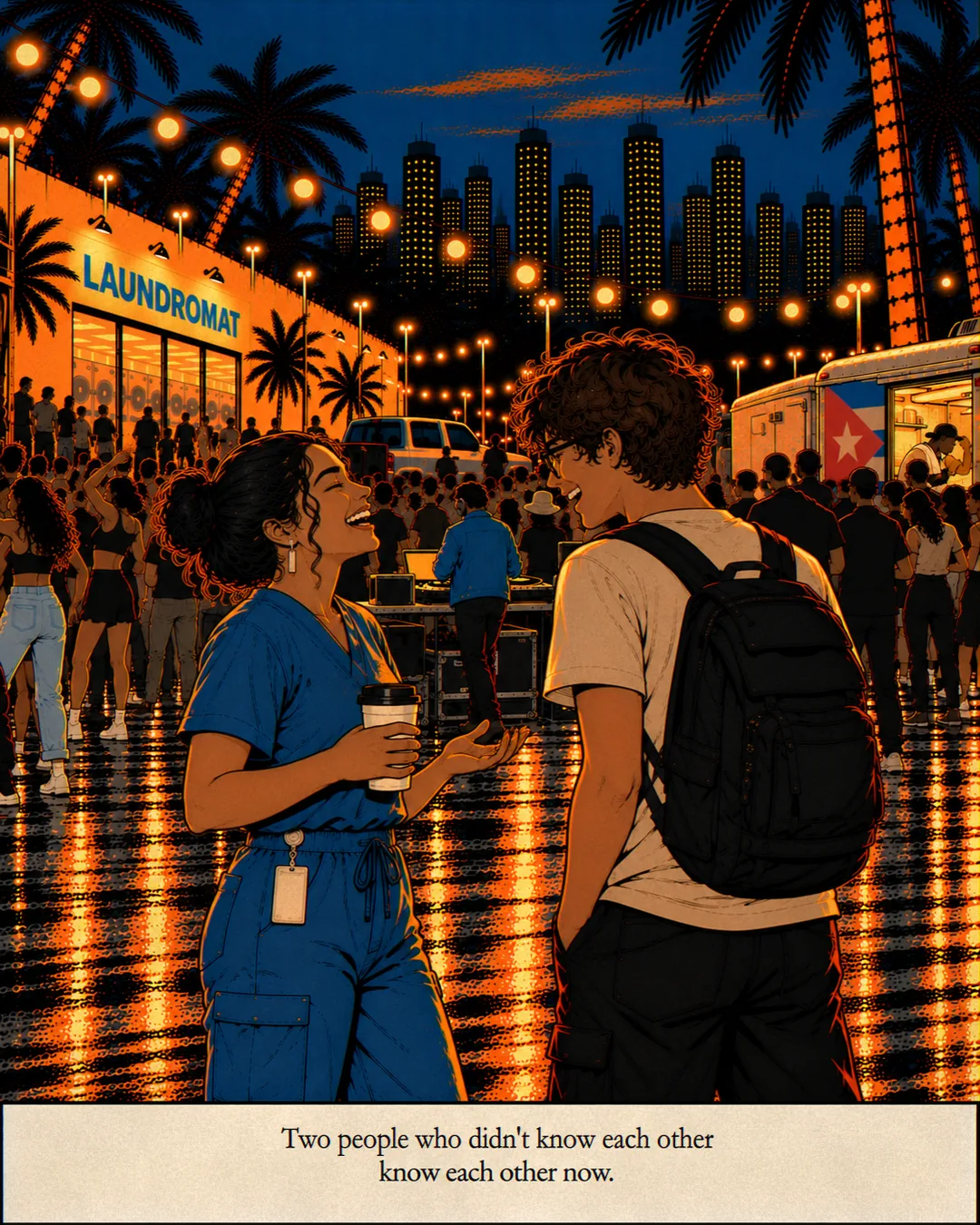 In among the crowd itself: people dancing close together on the wet, light-flecked asphalt, the laundromat and the food truck glowing behind them.