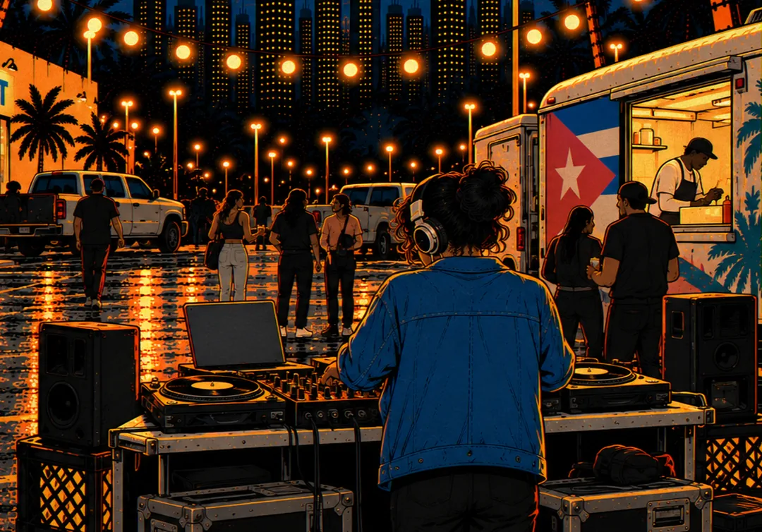 Marisol at the decks with the crowd dancing, and a police car nosing into the edge of the frame on the right.