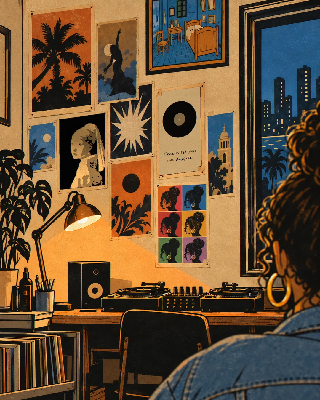 The flyer wall over her decks, seen past her shoulder and hoop earring: old gig flyers, palms and silhouettes, a print of a girl in a turban looking back over her shoulder, a plain poster of a single record with a handwritten line under it, a grid of six small portraits of her own face in different colours, a tiny framed print of a bedroom, and the night skyline in the window.
