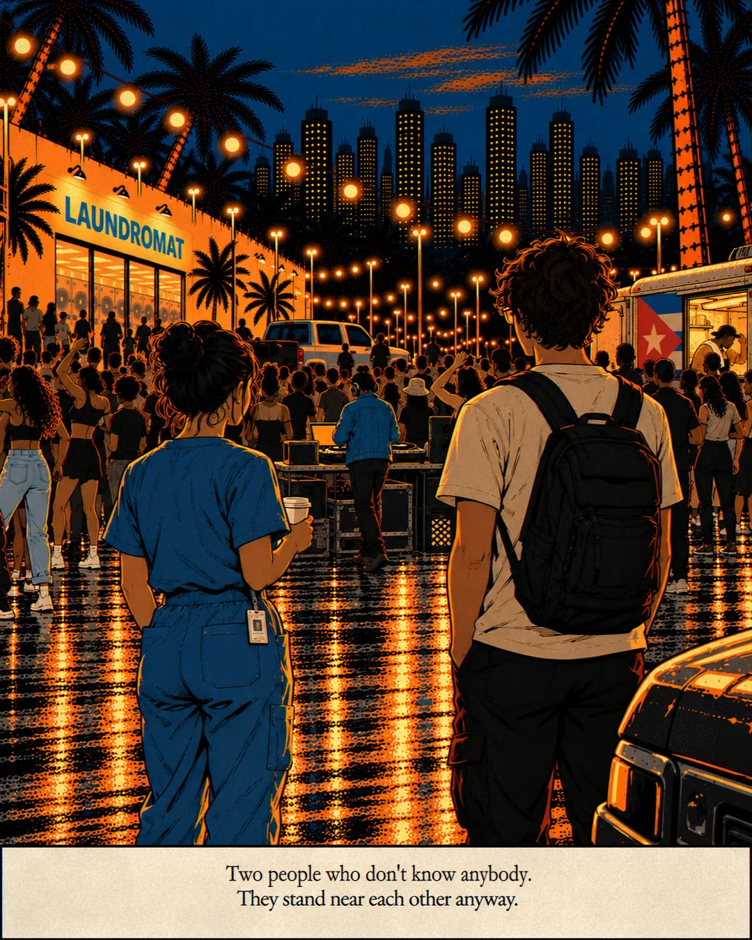 From behind, Nadia in her scrubs and Kai with his backpack stand side by side at the edge of the crowd.