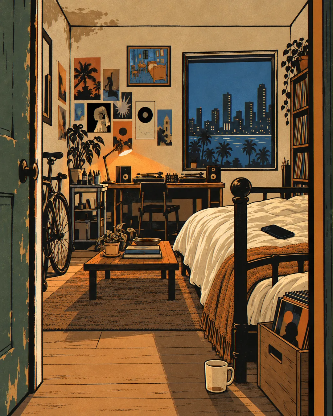 From the doorway again: her phone lies face down on the rumpled cream sheets, a cold mug of coffee on the floor, a crate of records by the bed, the desk and the skyline window beyond.