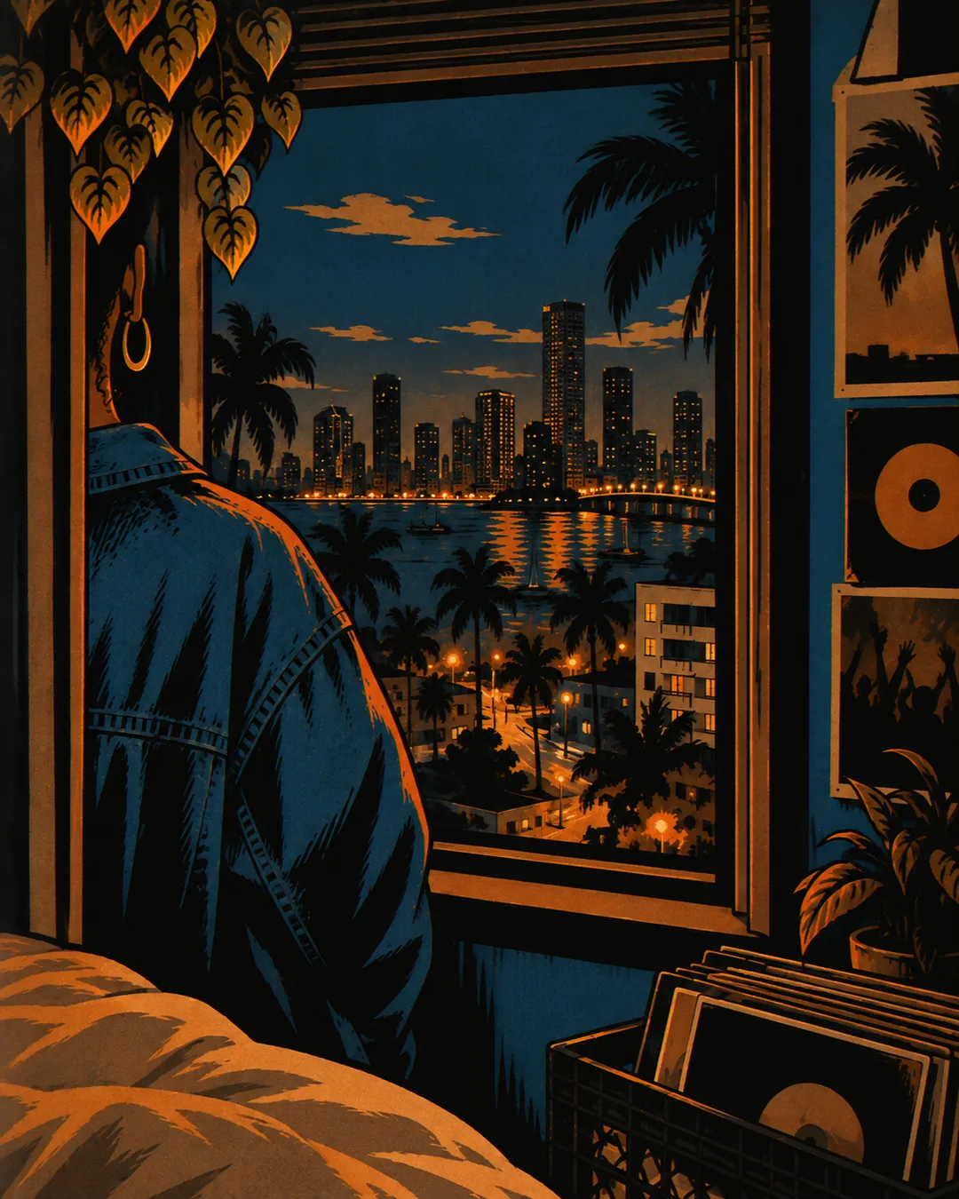From behind, Marisol looks out of her bedroom window at the Miami skyline and the lit bay at night, a crate of records at her feet.