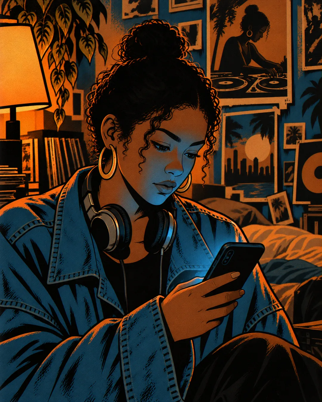Marisol sits on her bed with headphones around her neck, face lit blue from below by her phone as she reads it.