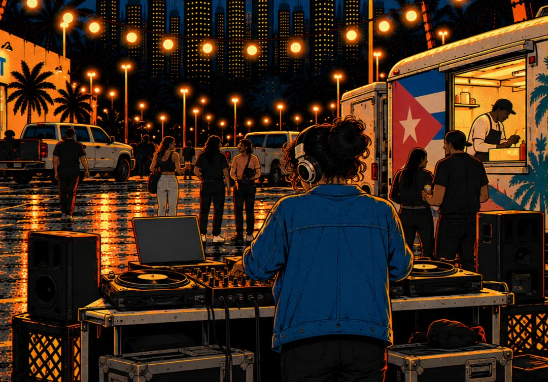 From behind, Marisol at the decks in her denim jacket, headphones on, one hand on the mixer. Beyond the table the lot is emptying: a few people walk off across the wet asphalt toward the trucks, and Rell's truck still glows on the right.