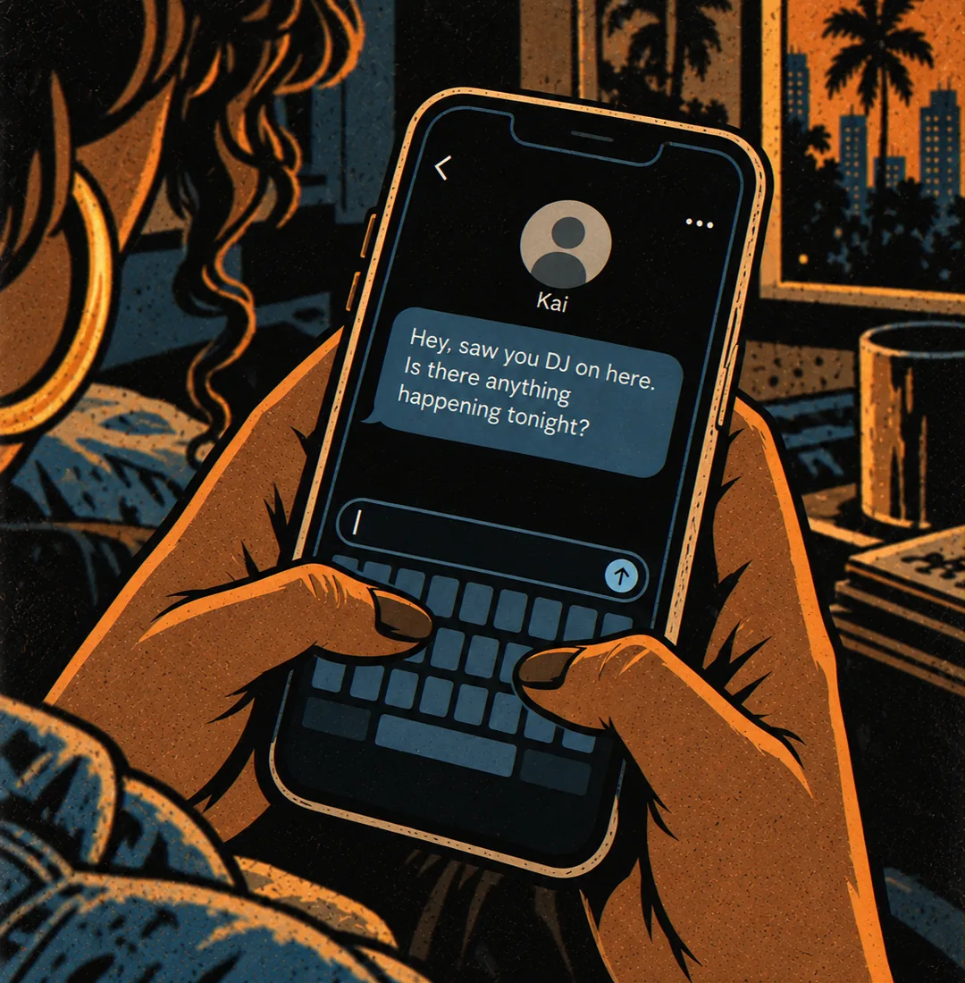 Close on Marisol's hands holding her phone in the lamplit apartment. A message from Kai fills the screen: "Hey, saw you DJ on here. Is there anything happening tonight?" Her thumbs rest on the keyboard.
