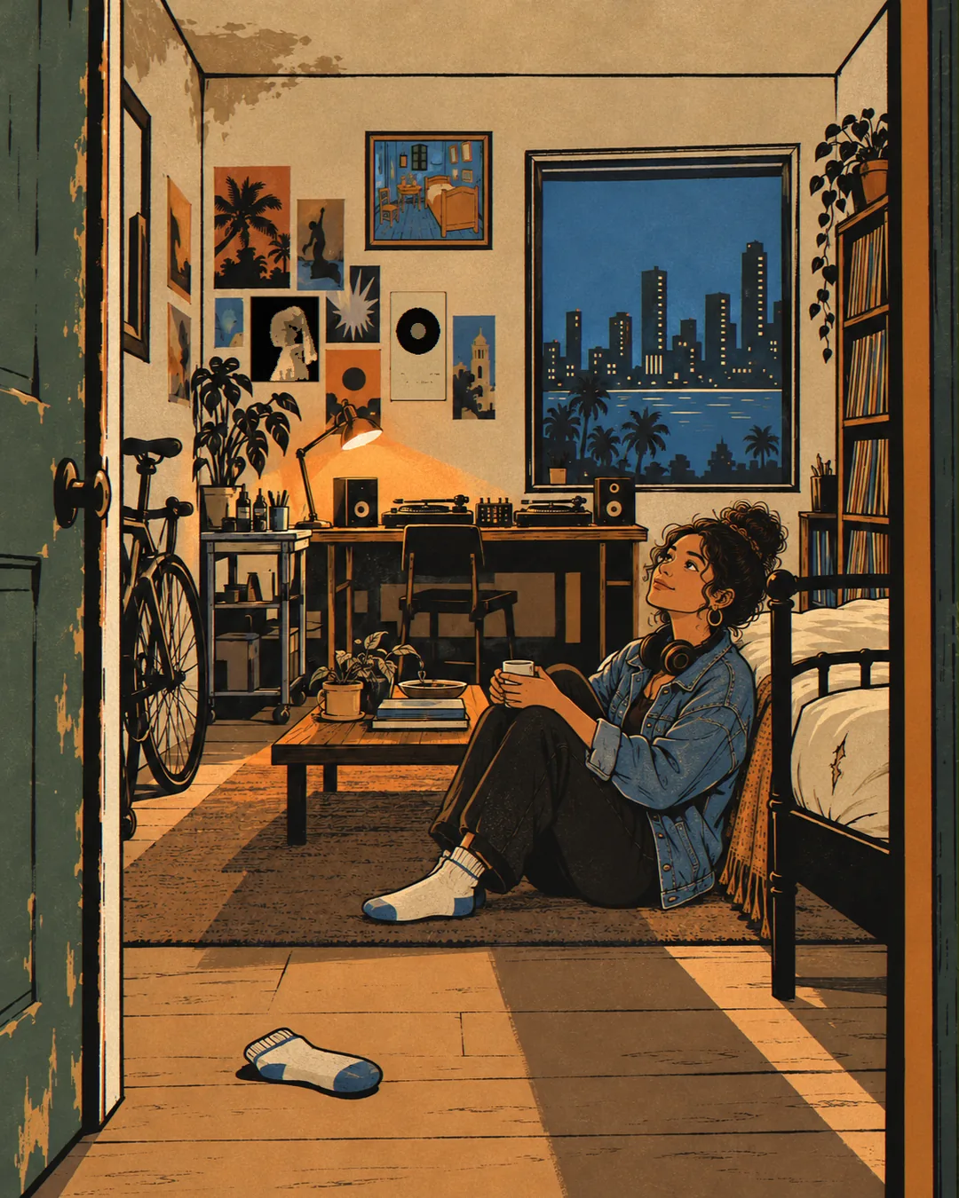 Marisol sits on the floor against the iron bed with a cup, headphones at her neck, looking up with a small smile. The room around her is unchanged.