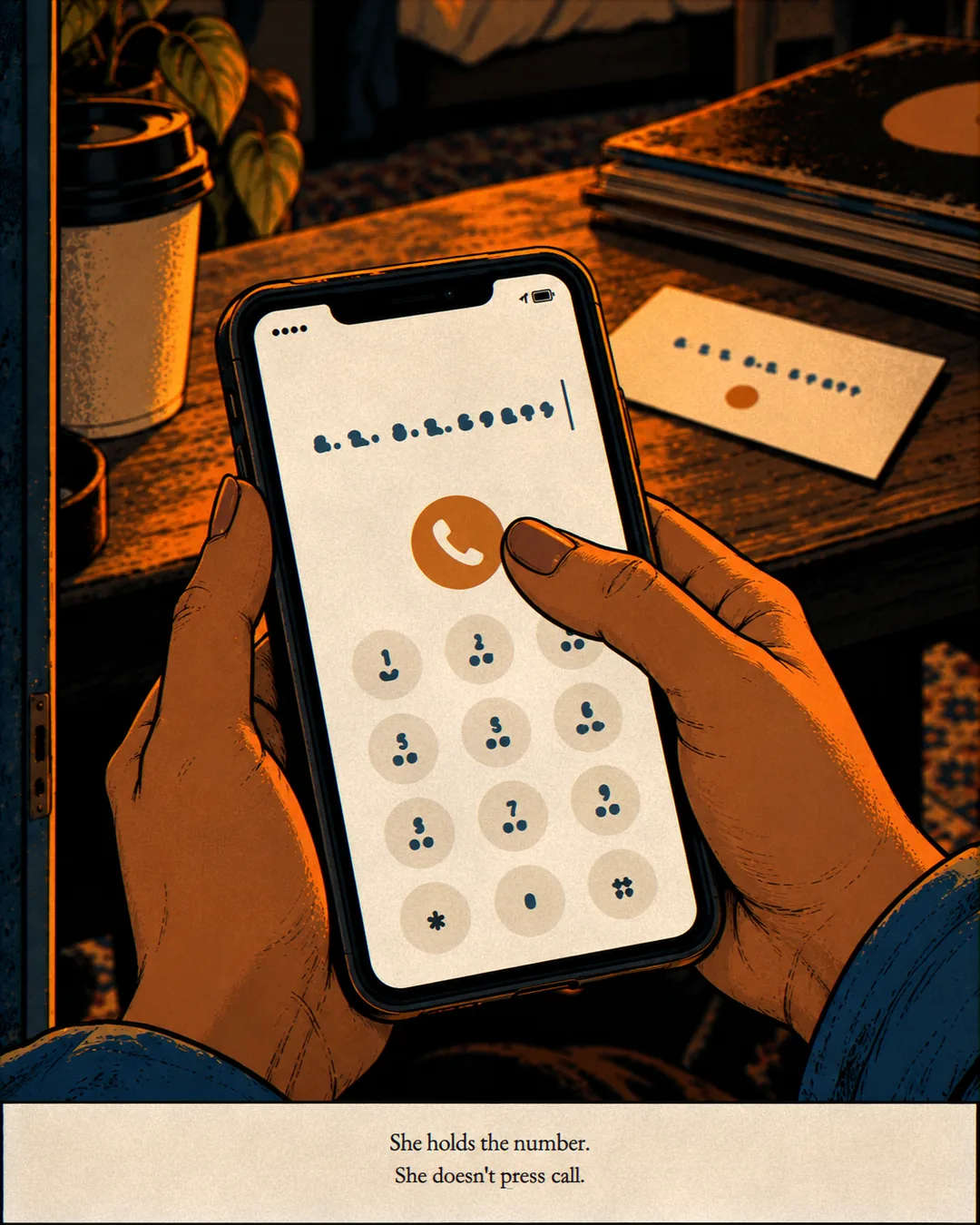 Her hands hold a phone with a number typed into the dialer, her thumb near the call button, the card on the table behind it.