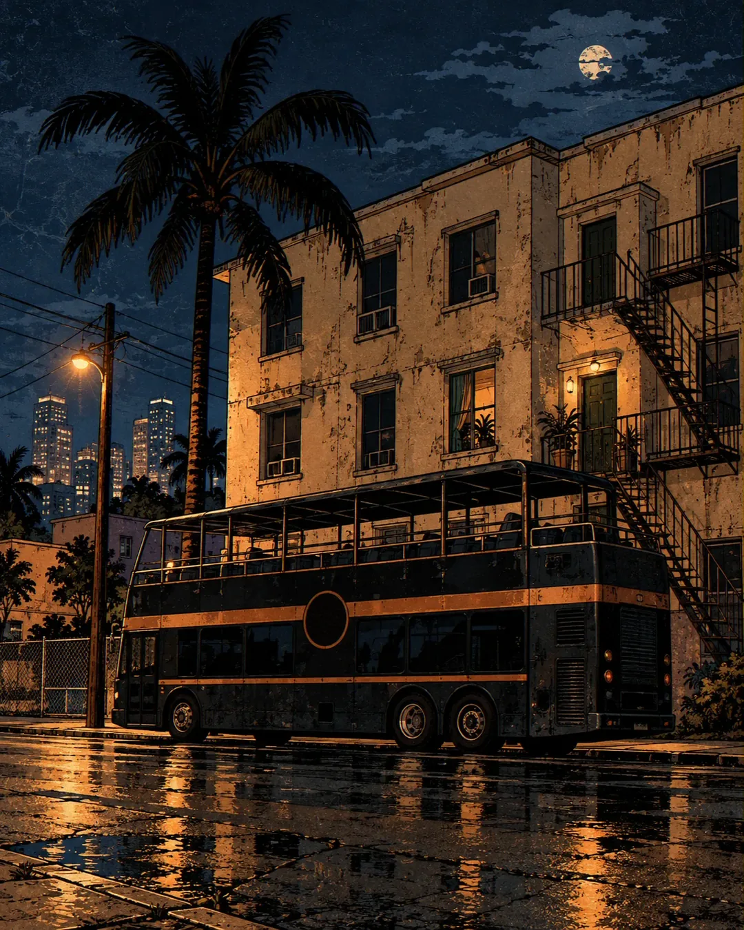 Before dawn, the dark double-decker Bus waits at the curb, lights off, its copper stripe and copper circle mark catching a streetlamp. Behind it, a three-storey cream stucco apartment building with a rusty fire escape and a tall palm. The wet street is empty.