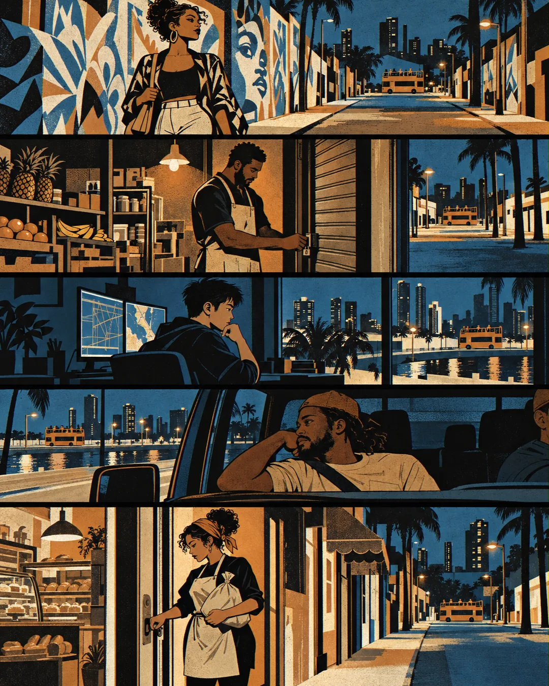 A silent page of five Miami scenes, stacked: a woman walks past murals as the Bus passes in the distance; a man closes a market under one hanging bulb; a young man sits by two blue-lit monitors in a dark window; a man rides in a pickup's passenger seat, looking out; a woman in an apron locks a bakery as the Bus passes behind her.