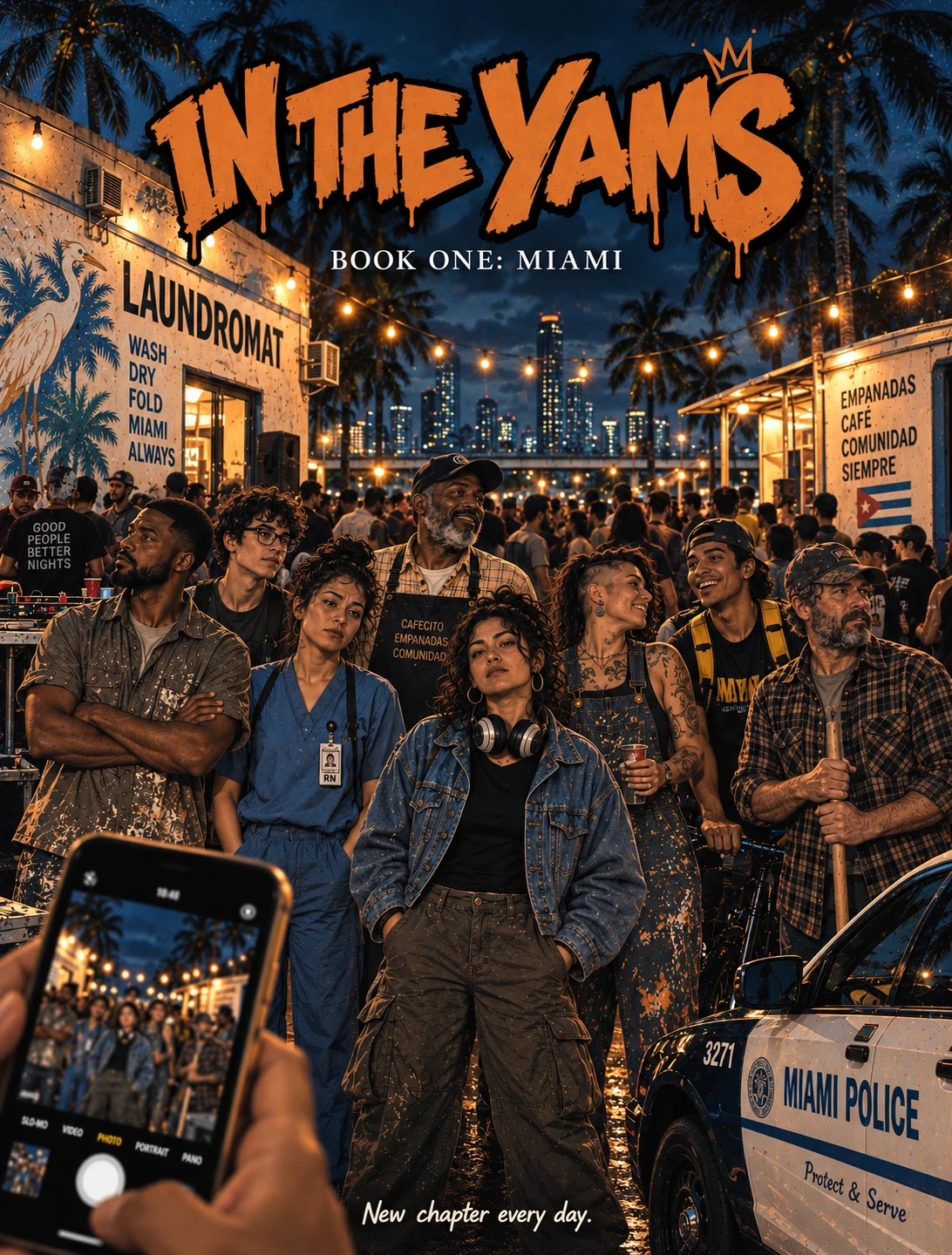 In The Yams, Book One: Miami. Eight people standing together at night in a parking lot beside a laundromat, a food truck and a police car, downtown Miami lit up behind them.