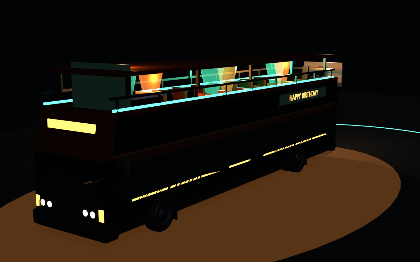 The bus in performance mode with the show rig deployed, beams onto the deck and a wash on the ground.