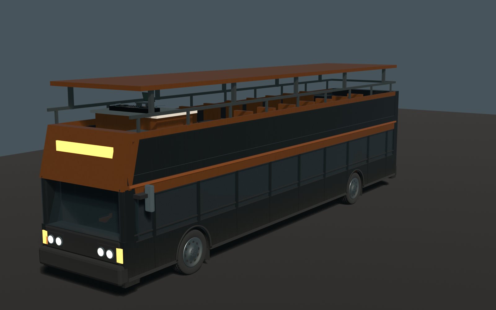 The Broke Rave Bus in road mode, in daylight, seen from the front and left. A black and copper double decker with a copper canopy on steel posts over an open upper deck, a guardrail down both sides, seating and a compact booth on the top deck, tinted glazing along the lower deck, and the light strips dark.