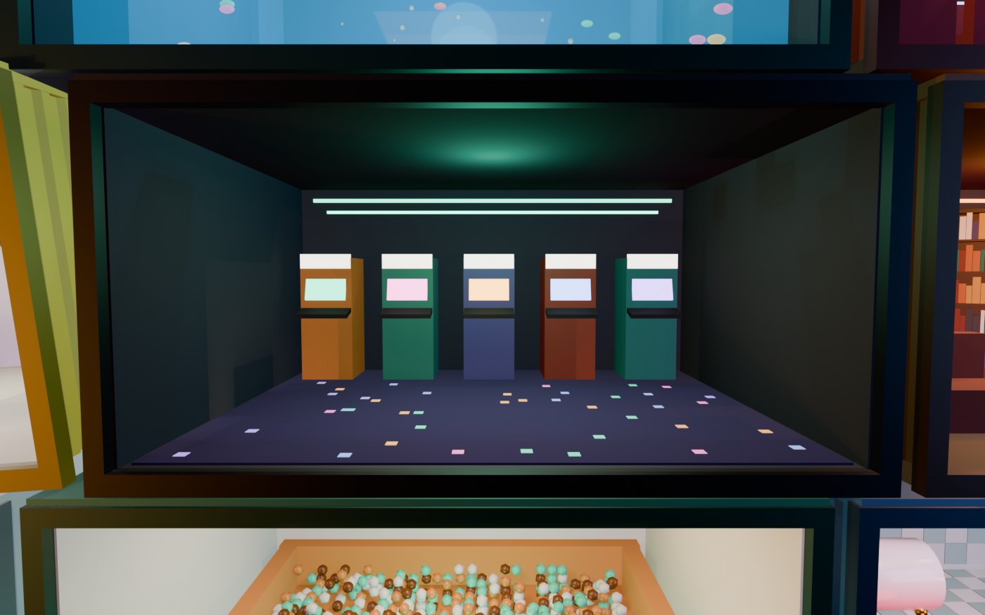 Concept render of The Attic Arcade: cabinets running the site's own games: the culture draft, container stack, marble mayhem