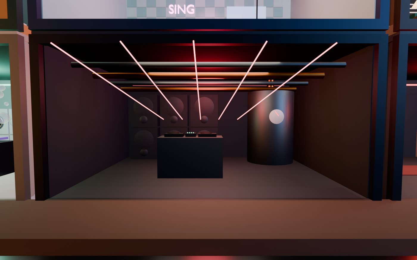 Concept render of The Boiler Room: low ceiling, pipes, one red light and a wall of speakers