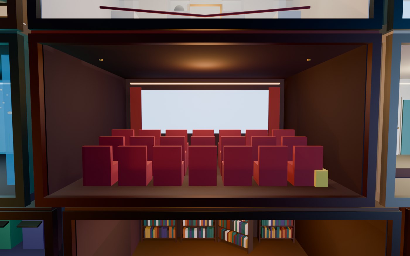 Concept render of The Cinema: three rows of seats and a screen that plays whatever is happening in another room of the house, live