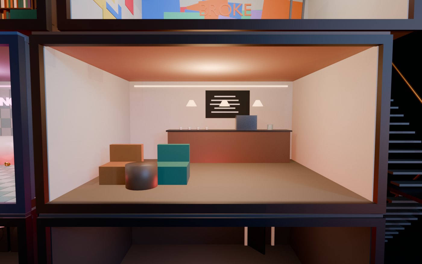 Concept render of The Coffee Bar: cafecito until four in the morning, a chalkboard menu that only lists free things, and the softest chairs in the house