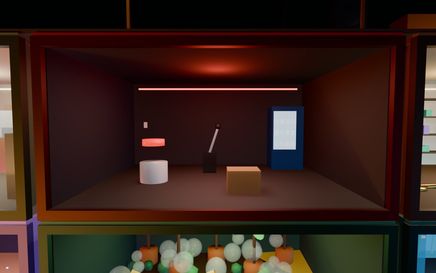 Concept render of The Room of Bad Decisions: a big red button that says absolutely do not press, a lever that says weather, a vending machine with impossible options and one very ordinary cardboard box