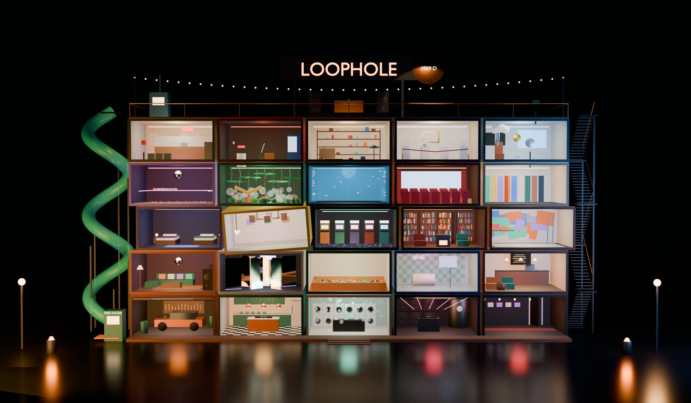 Concept render of Loophole at night, cut open like a dollhouse: twenty container rooms over four floors under a roof deck and the LOOPHOLE sign