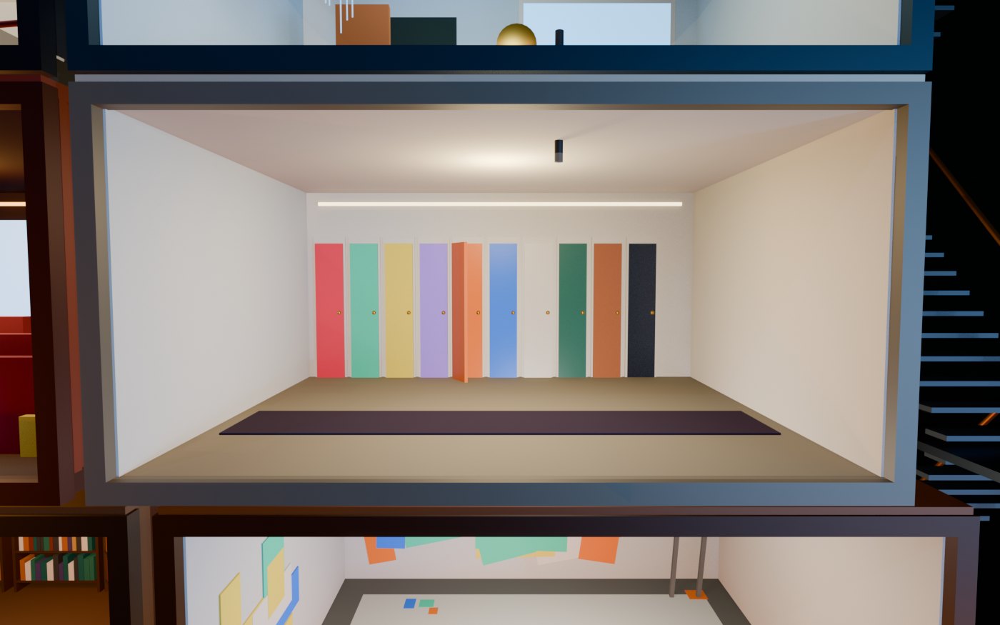 Concept render of The Hall of Doors: nine doors in a row, all different colours