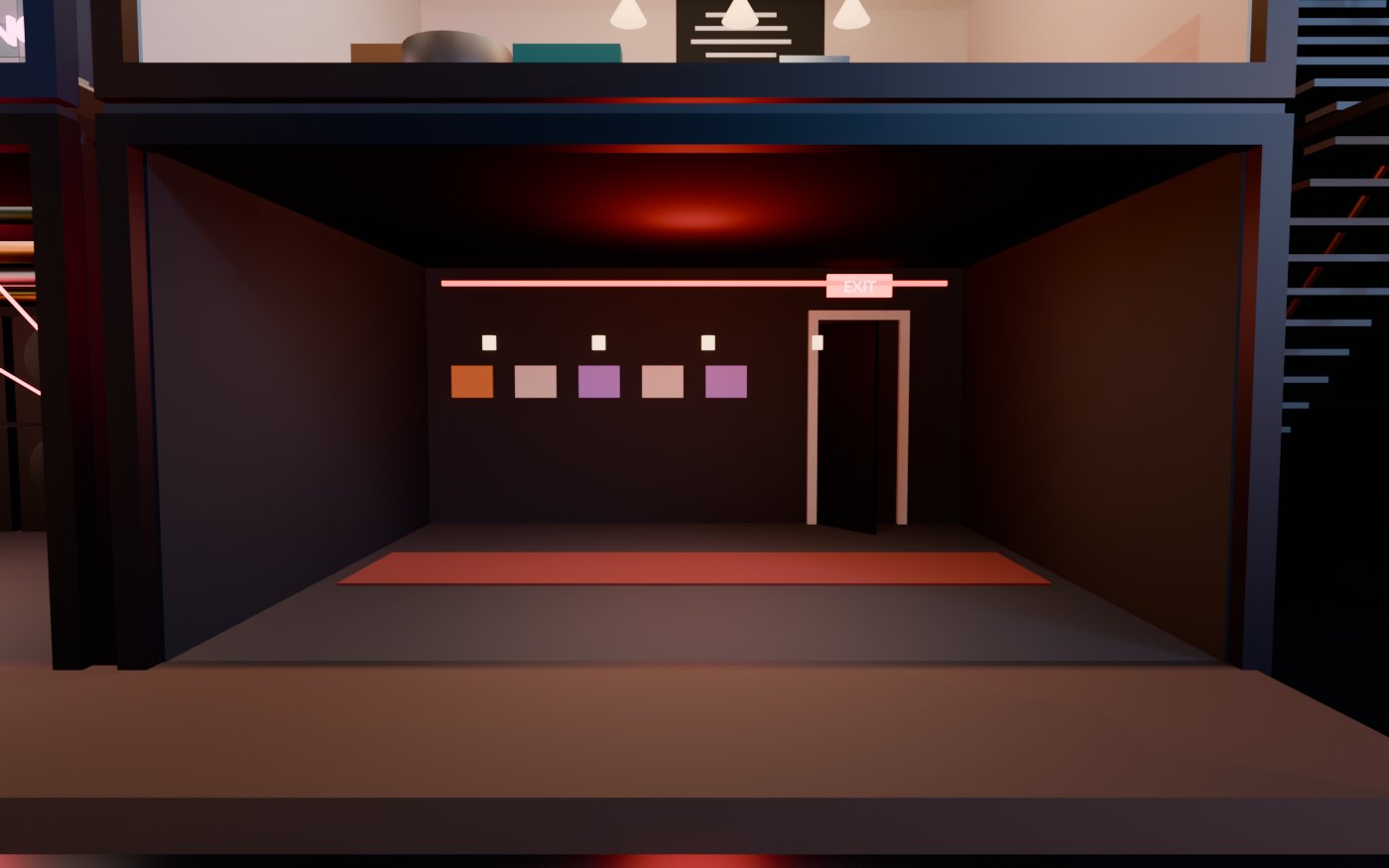 Concept render of The Exit: a long hall, a red exit sign, and one door at the end