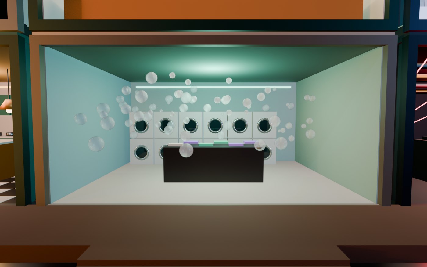 Concept render of The Laundry Room: stacked washing machines are the speaker wall and the bubbles never stop