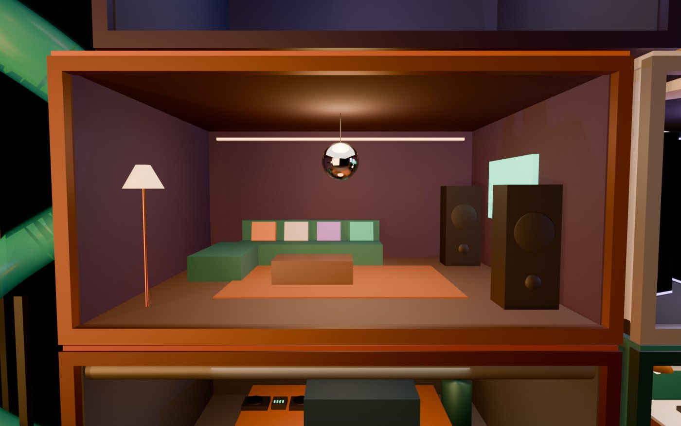 Concept render of The Living Room: big sofa, bigger speakers, a disco ball over the rug