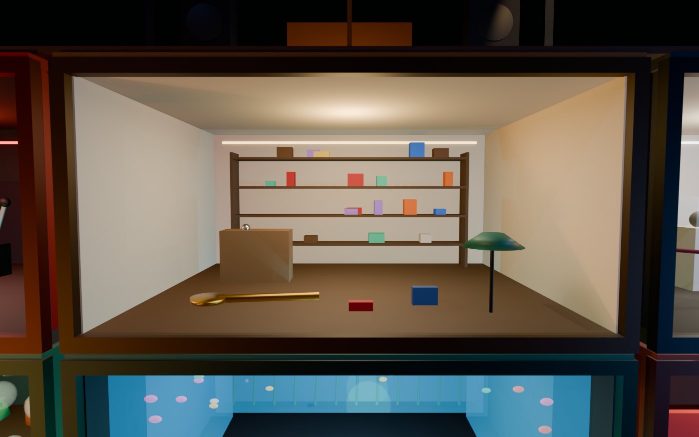 Concept render of The Lost and Found: shelves of things whose owners are somewhere else in the house: one shoe, a key the size of an arm, an umbrella on a dry night, a very small suitcase