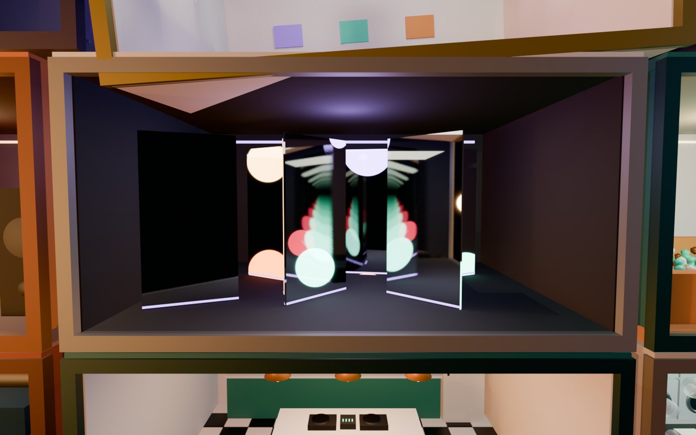 Concept render of The Mirror Maze: the classic fun house room: angled mirrors and a path you have to find