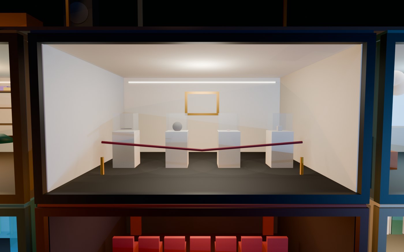 Concept render of The Tiny Museum: a museum of strangely specific things: the most average spoon in the world, an empty frame with a very confident label, a rock with a biography