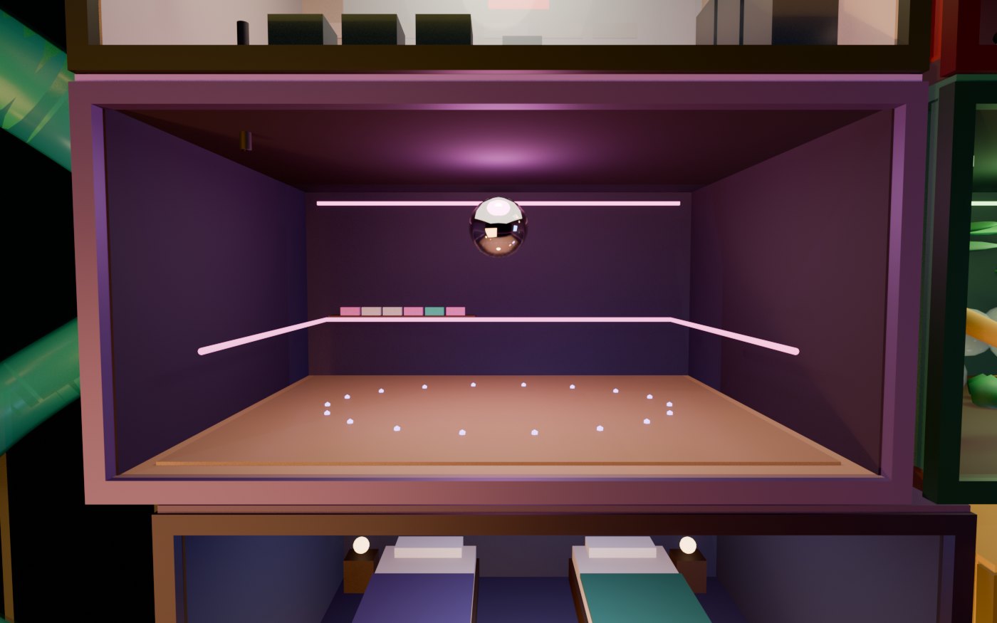 Concept render of The Roller Rink: a wooden oval, a disco ball, and skates in every size by the door